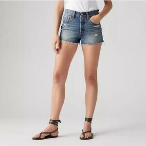 LEVI'S 501 Denim Blue Jean Shorts Cut Off Light Distress Button Fly Womens 29